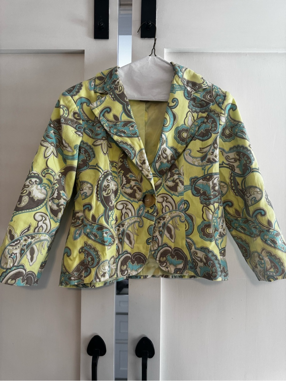 Peck & Peck Yellow Paisley Cropped Blazer with Teal & Brown Accents